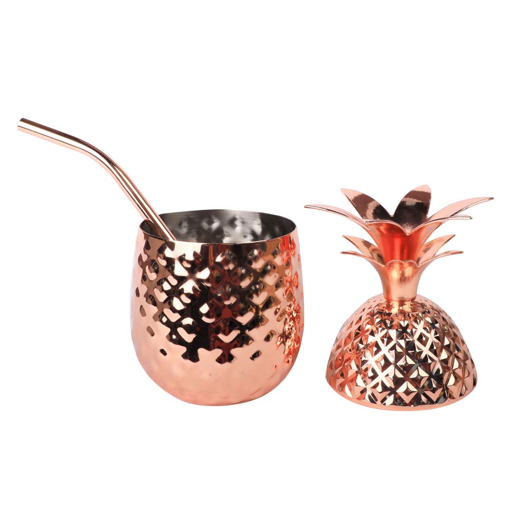 Ananas Cocktailbecher mit Trinkhalm in Kupfer, APS Tiki - 455 ml